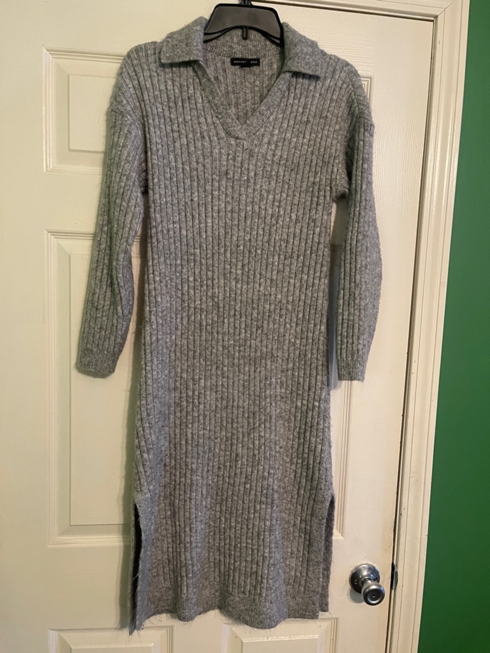 Saks Fifth Avenue Gray Ribbed Knit Collared Sweater Dress